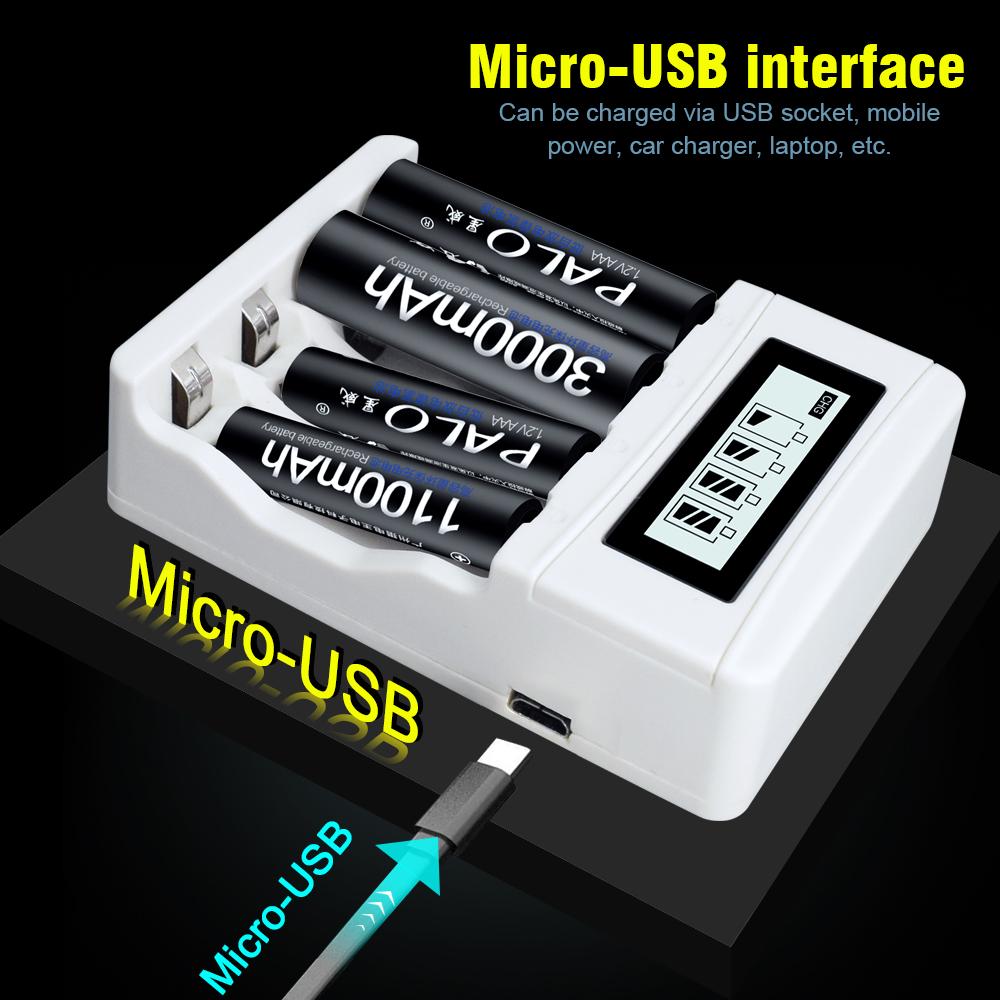 PALO Зарядное устройство USB с ЖК-дисплеем для NiCd NiMh аккумуляторов AA AAA с батареями AA 3000 мАч + батарейками AAA1100 мАч