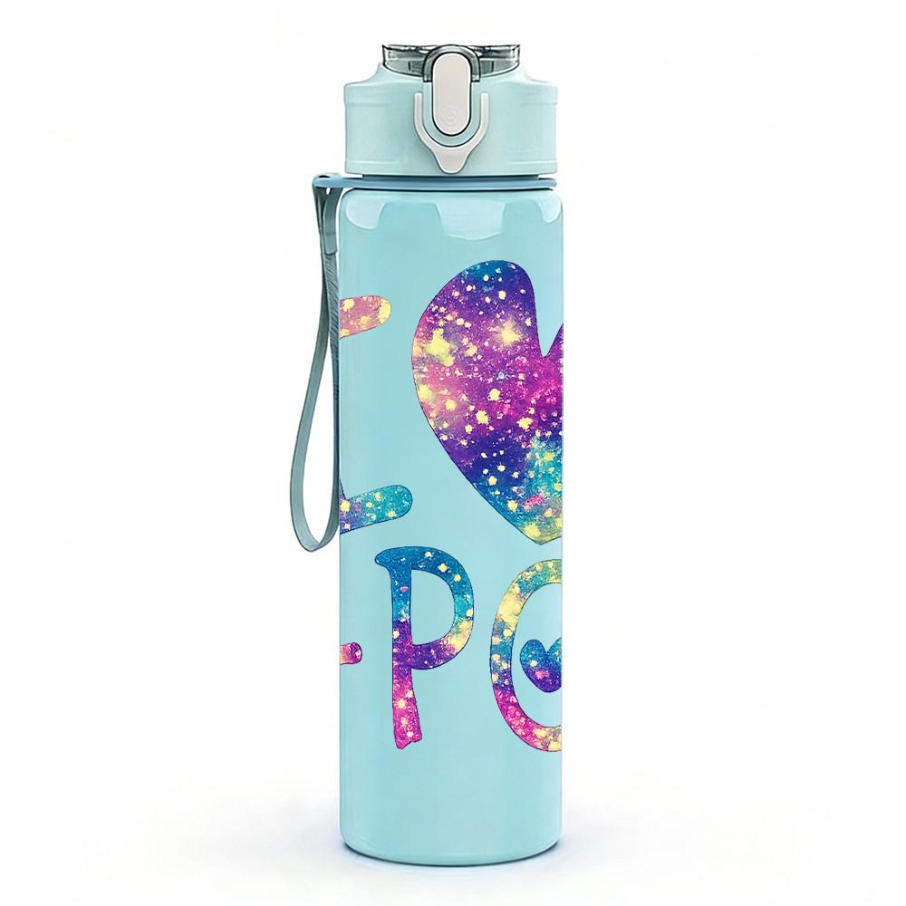 1PC I Love K Pop Heart Letter Slogan Print 750ml Color Plastic Sports Water Bottle Leakproof Flip Straw Lid Suitable for Sports Office Home Use
