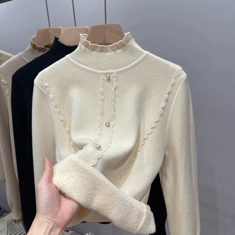 Женский полувысокий бархатный свитер осень-зима кружевной утолщенный трикотажный пуловер модный длинный рукав джемпер трикотажные топы