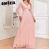 Full-lined Pink Chiffon Dress Lace-up Long Sleeve Double V-neck Splicing Elastic Waist A Full Swing Evening Gown