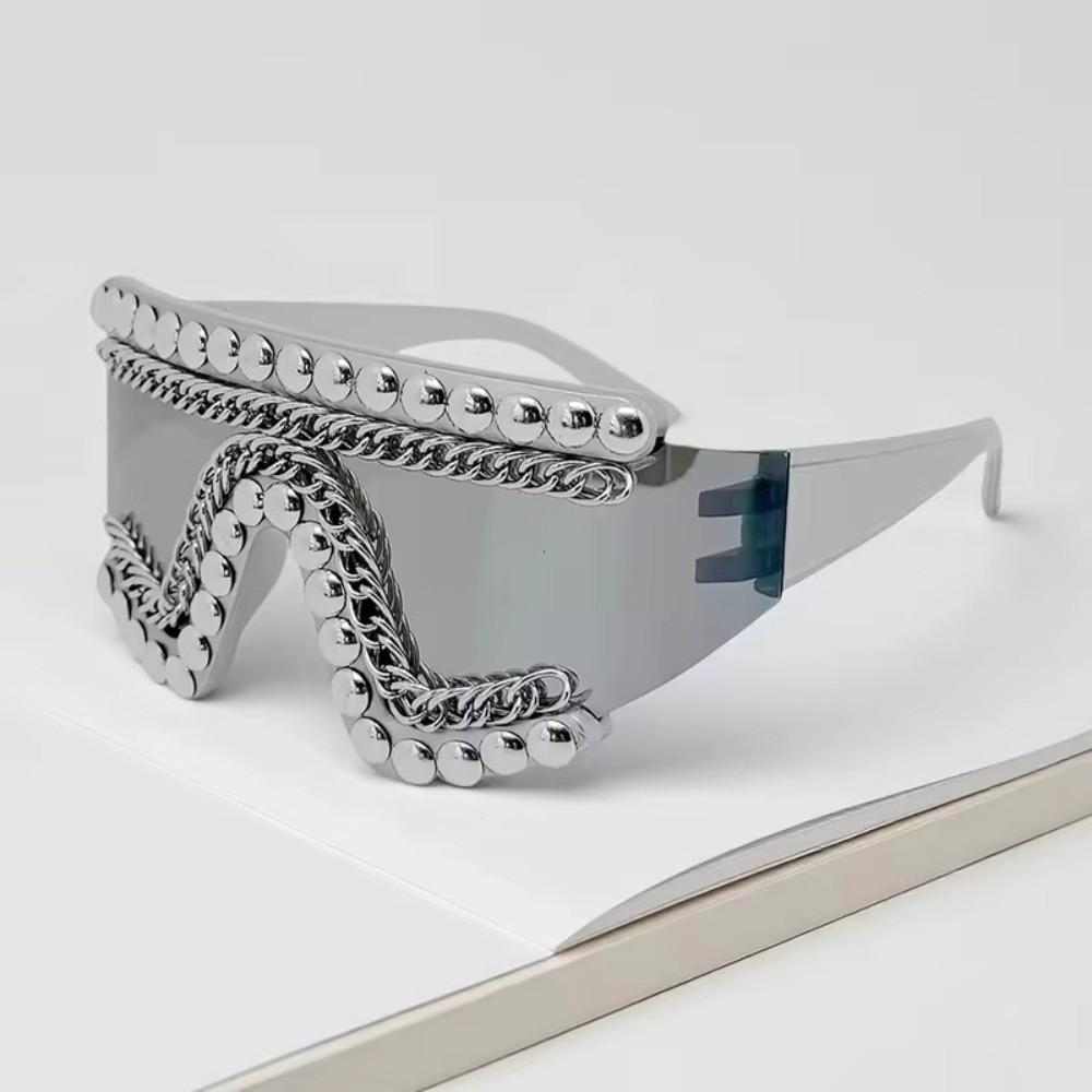 Oversized Frame Punk Style Sunglasses Silver Chain Trendy Shade Eyewear Outdoor Sports