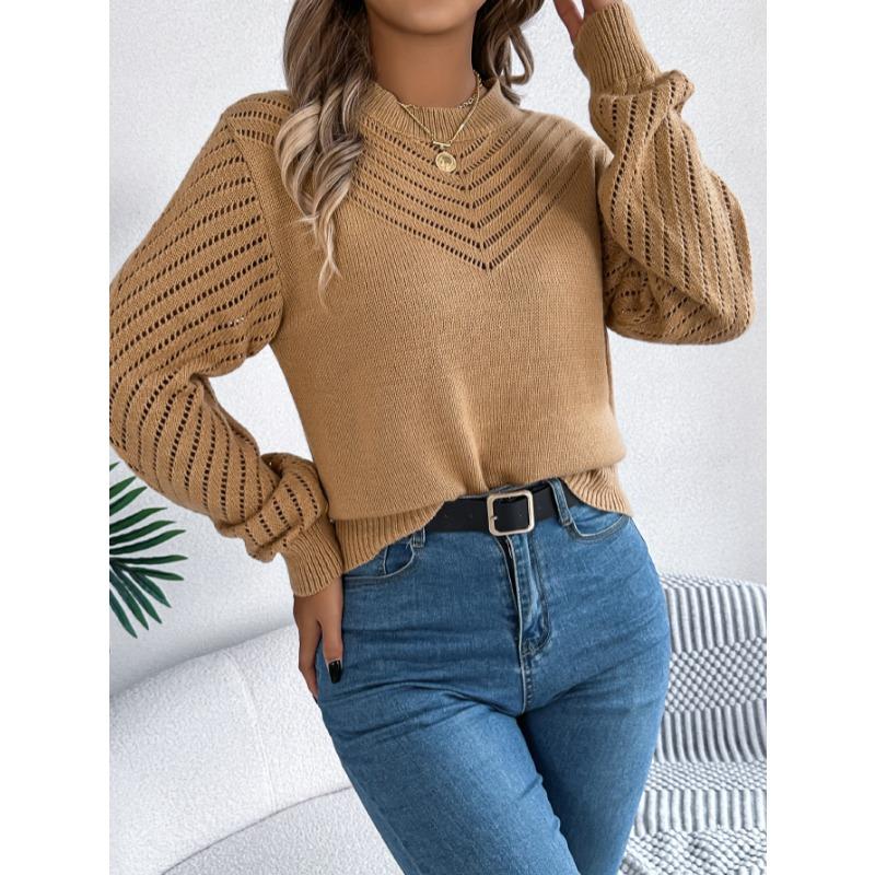 Elegant Round Neck Hollow Out Long Sleeve Pullover Sweater Women 2025 Fashion Sweet Autumn and Winter Casual Knitted Tops Solid Color Office Clothing