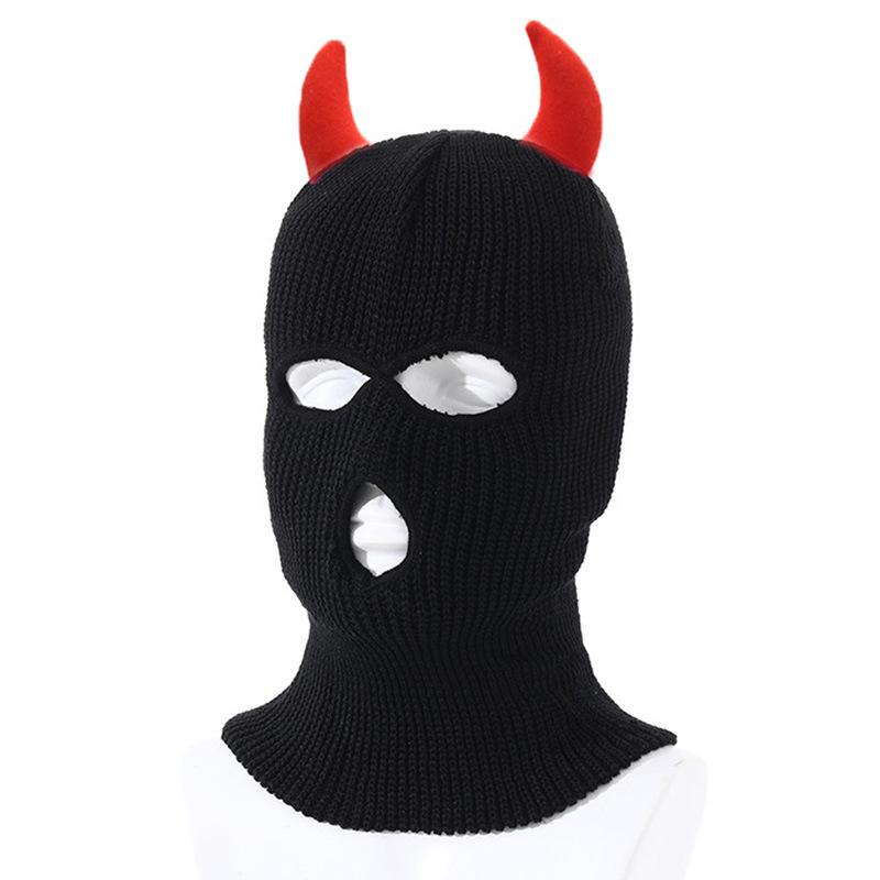 Horn Warm Knitted Hat Headgear Three-hole Wool Hat Ski Mask Funny Halloween Headgear Hat