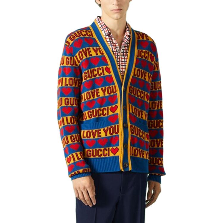 GUCCI Valentine's Day Knitwear Men's Multicolor V-neck Moderate Cardigan 743120-XKDCC-4298