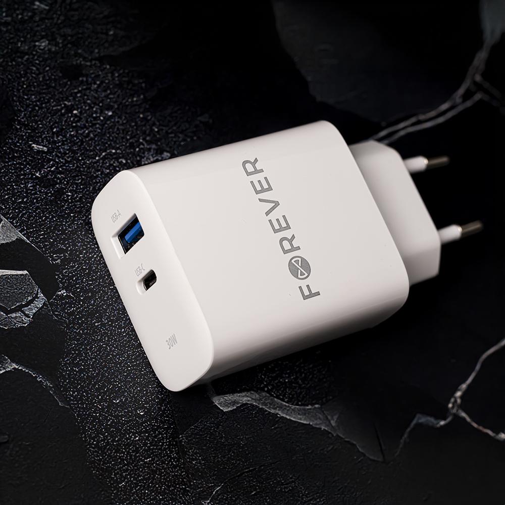 Forever Ładowarka Sieciowa Pd Qc Tc-07-30Ac 1X Usb-C 1X Usb 30W Biała + Kabel Usb-C - Usb-C 60W