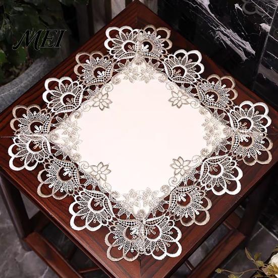 Nightstand Protector Square Lace Cover, Vintage Style Side Table Waterproof Bedside Heat Insulation Mat for Coffee Spill Resistant Cover