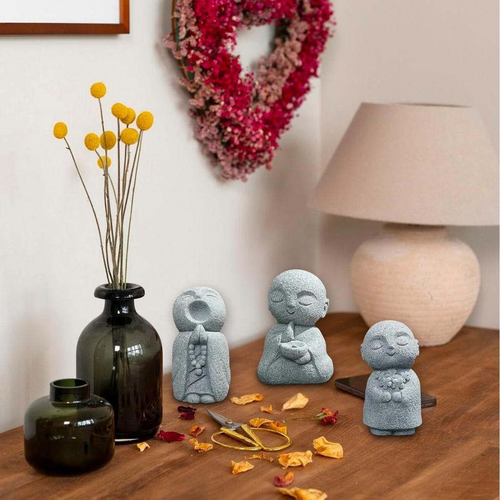 3pcs Japanese Monk Statue Praying Zen Sandstone Mini Baby Buddha Idol Figurine