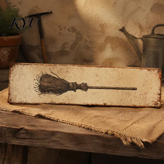 Spooky Yard Art Distressed Wooden Broom Wall Sign, Rustic Retro Witch Hanging Easy Installation Decor Decor, Outdoor Sign for Porch Fence Courtyard