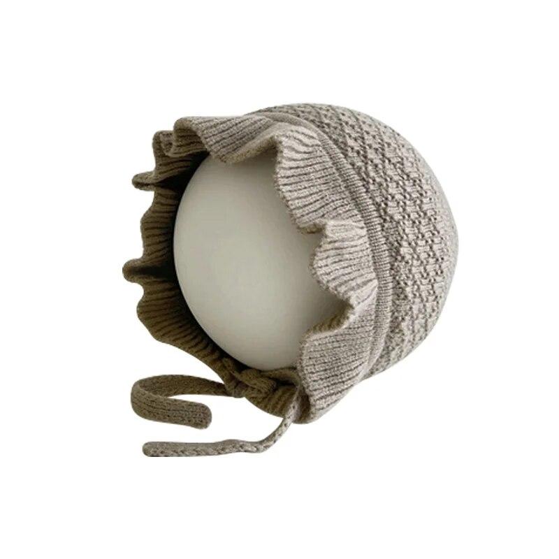 Baby Knitted Hat with Rope Retro Flower Beanie Cap for Girls Handmade Weave Infant Bonnet Winter Earflaps Caps Kids Accessories