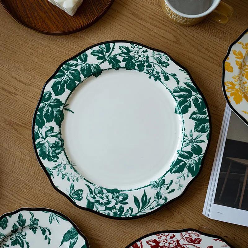 Керамическая тарелка в европейском стиле, винтажная роскошная цветочная печать, тарелки для обеда в западном стиле, блюда для послеобеденного чая, десерта, столовые приборы