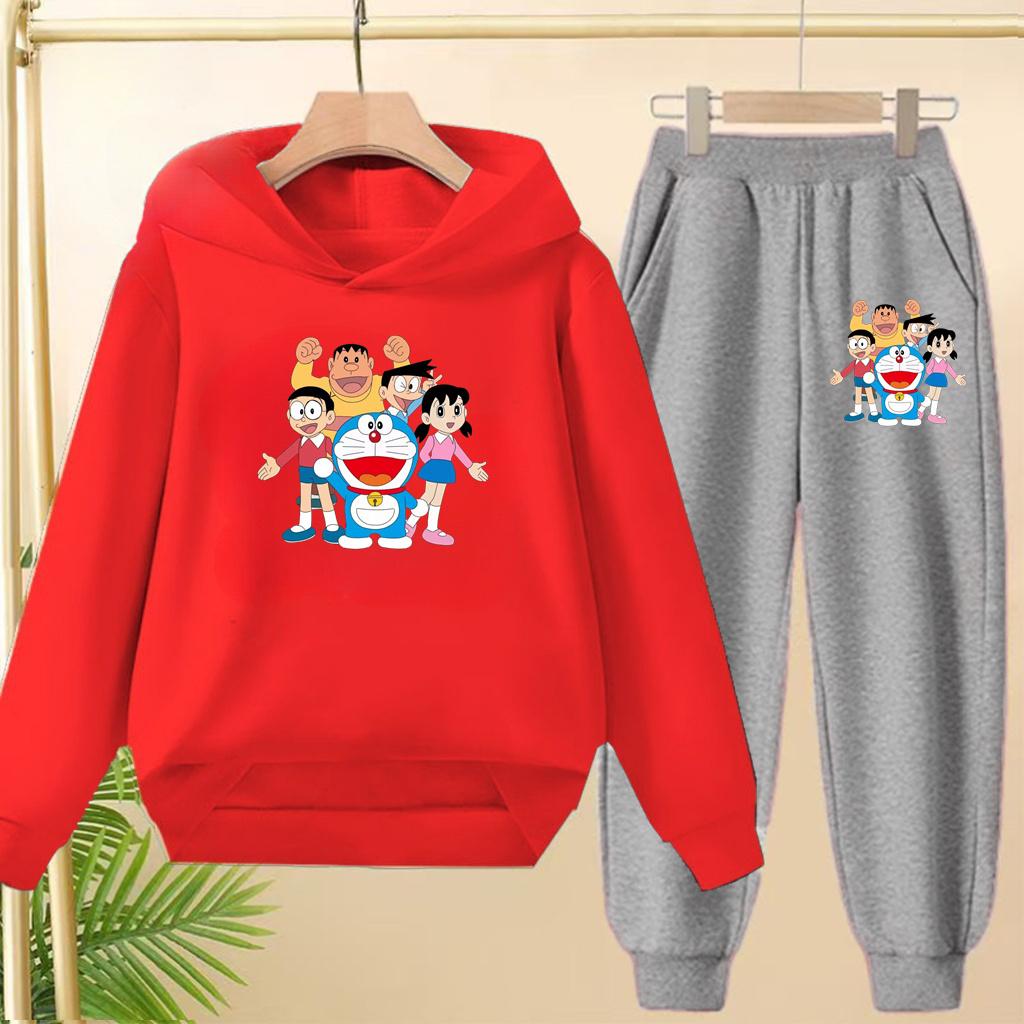Doraemon Winter Warm Children's Hoodie Set, Casual Sporty Hooded Long Shirt and Long Pants Suitable for Boys Girls Aged 3 to 12
