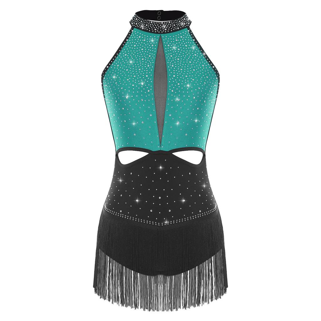 Женский латиноамериканский джазовый танцевальный купальник, полностью расшитый стразами, юбка с бахромой, открытая спина, контрастный боди
