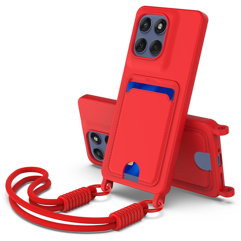 For Motorola Edge 60 Pro 5G Liquid Silicone Case Phone Back Cover with Card Holder and Short Strap