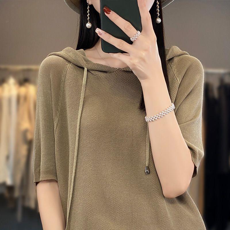 Ice Silk Hooded Short Sleeve Knitted T-Shirt Women's Hoodie Solid Color Wearing Hat Five Quarter Sleeve Thin Hoodie