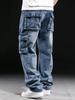 American Style Multi-Pocket Men's Wide-Leg Loose Workwear Jeans