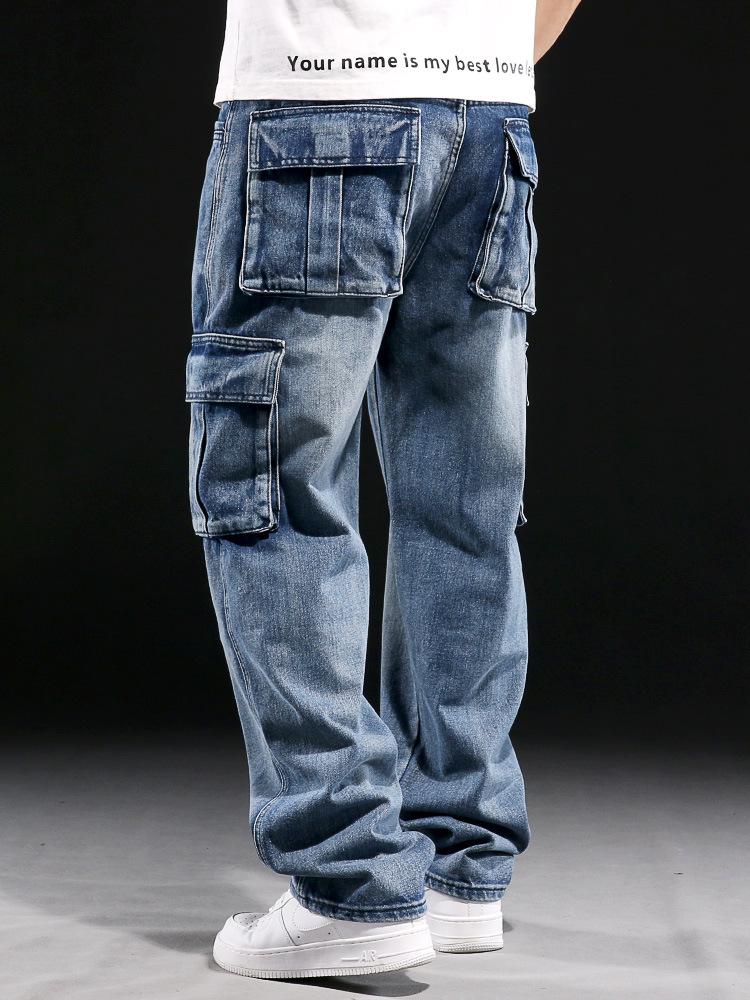 American Style Multi-Pocket Men's Wide-Leg Loose Workwear Jeans