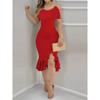 Summer Tight Ruffles Split Pearl Decorative Dress off-Neck Waist Irregular Dress Dress for Women
