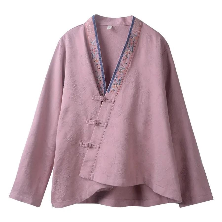 Кардиган женский повседневный свободного кроя из хлопка и льна с длинными рукавами, застежкой на пуговицы-диски с вышивкой, топ на весну и осень