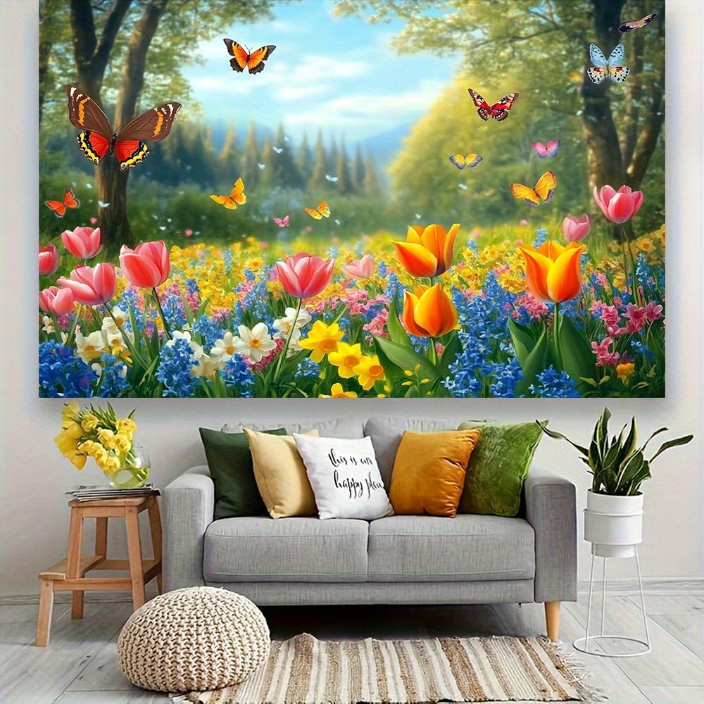 2D plane 1 piece of bright spring flower and butterfly polyester banner featuring blooming tulips roses and lush green plants