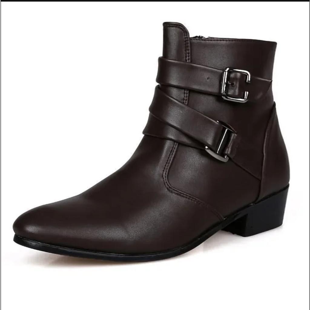 Men Spring Autumn Pointed Toe Height Increase Chelsea Ankle Boots Western High Top Casual Shoe PU Leather 2025