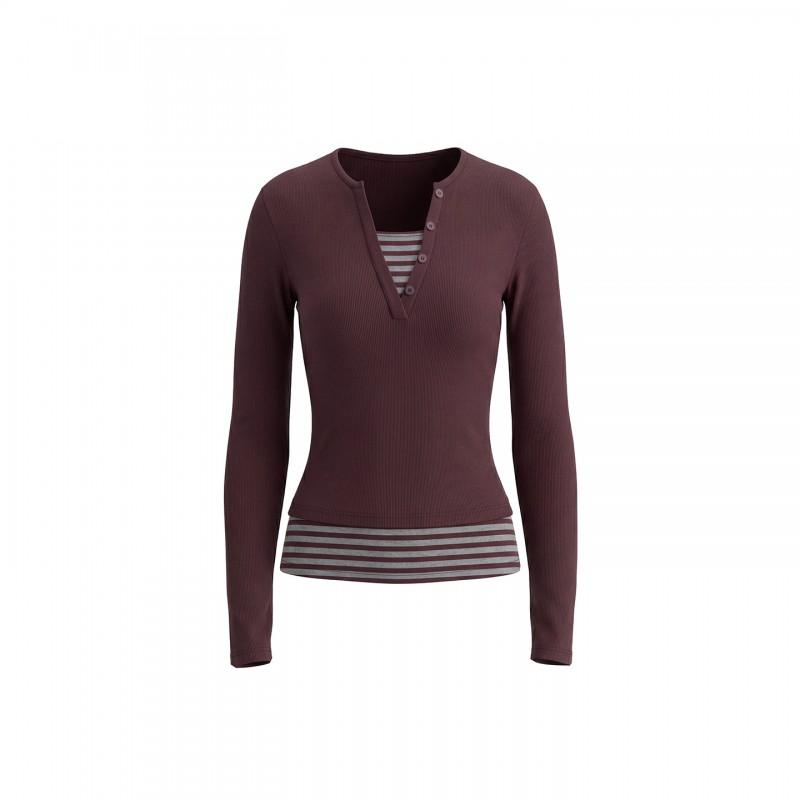 HeyHenry Womens Semi-Open V-Neck Fake Two-Piece Long Sleeve T-Shirt Slim Fit Base Top Korean Style Daily Wear