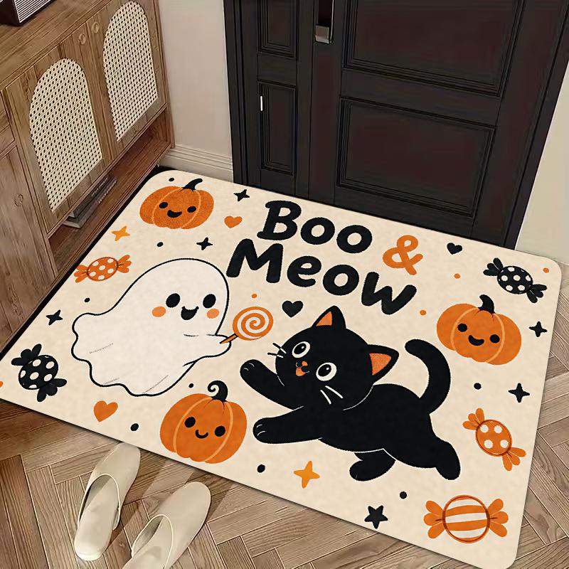 1pc Piece Suitable for Halloween Cute Black Cat & Door Mat - Adhesive Backing Machine-Washable Suitable for Indoor/Outdoor Entryway, Spooky Decor for