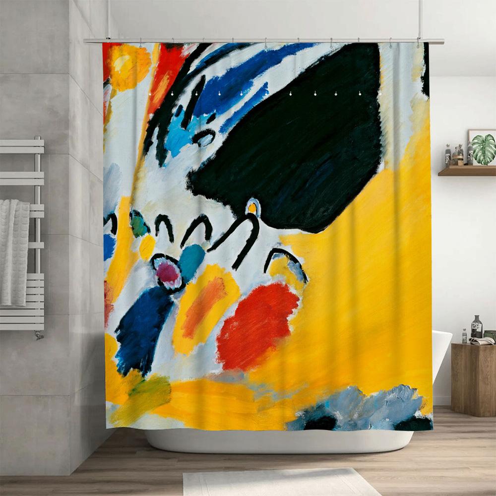 Abstract Colorful Bathroom Shower Curtain Decor Modern Watercolor Blue Yellow Red Orange Black Print Fabric Waterproof Rug Liner