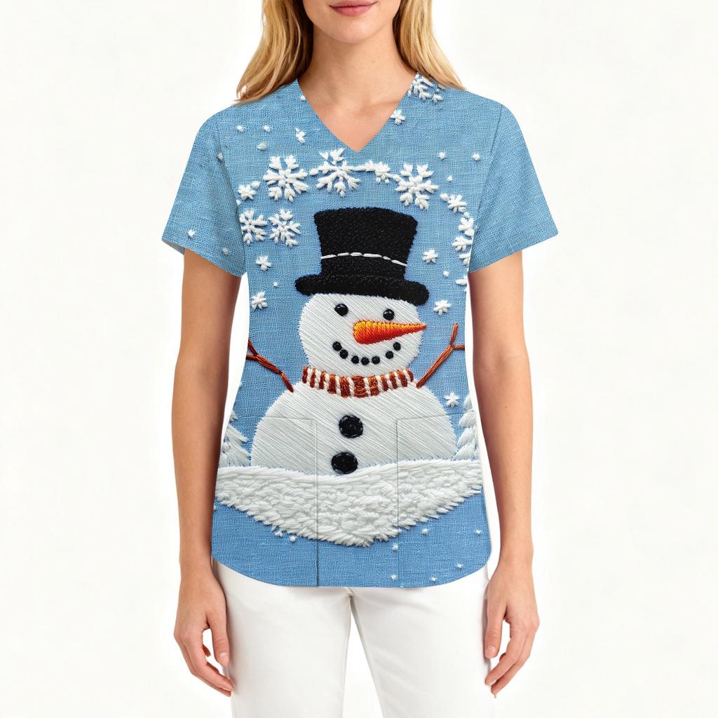 Женский модный рабочий топ с V-образным вырезом, рождественским принтом, короткими рукавами, карманом, боковым разрезом, базовый пуловер