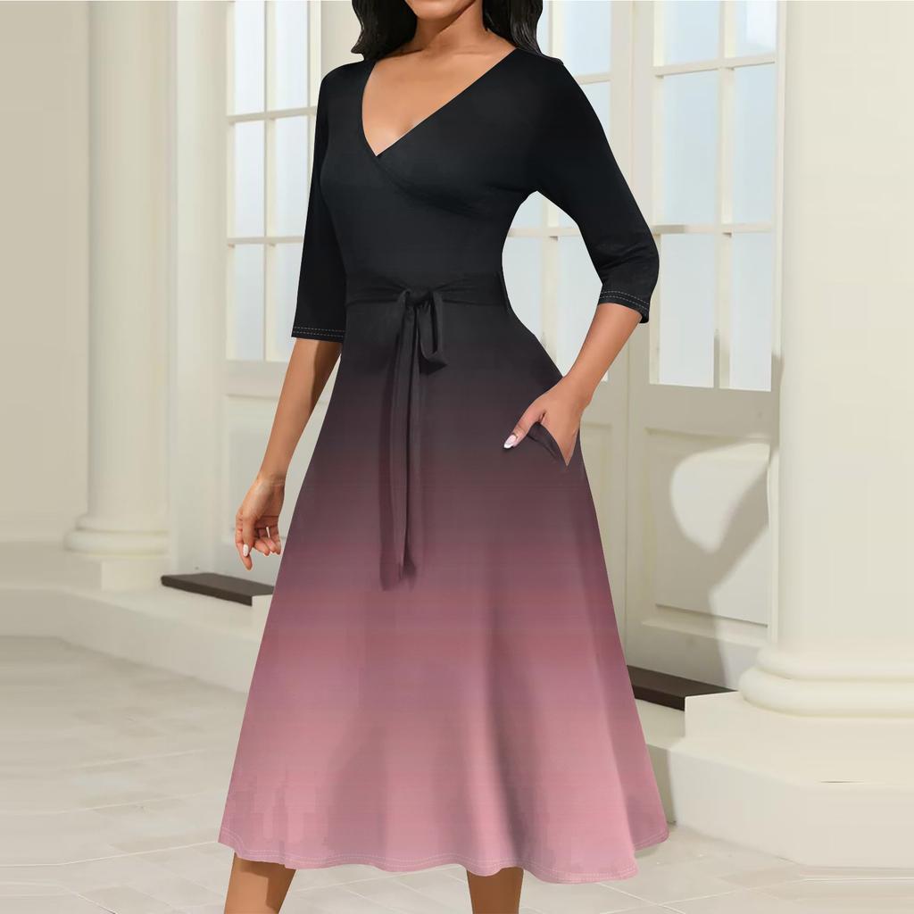 Женское повседневное модное платье миди с V-образным вырезом и рукавом три четверти