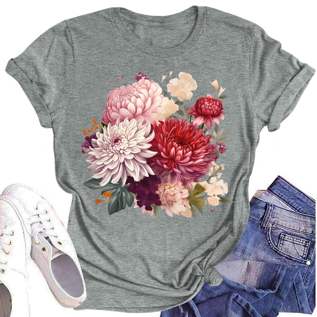 Women's Casual Round Neck Floral Print Short Sleeve T-Shirt Top