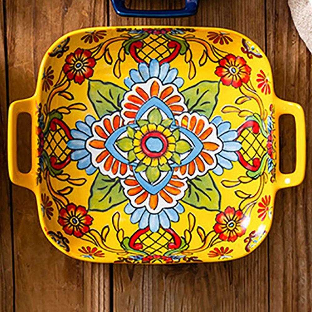 Квадратная богемская керамическая тарелка с бинауральной ручкой, фруктовая тарелка, креативная салатница для духовки