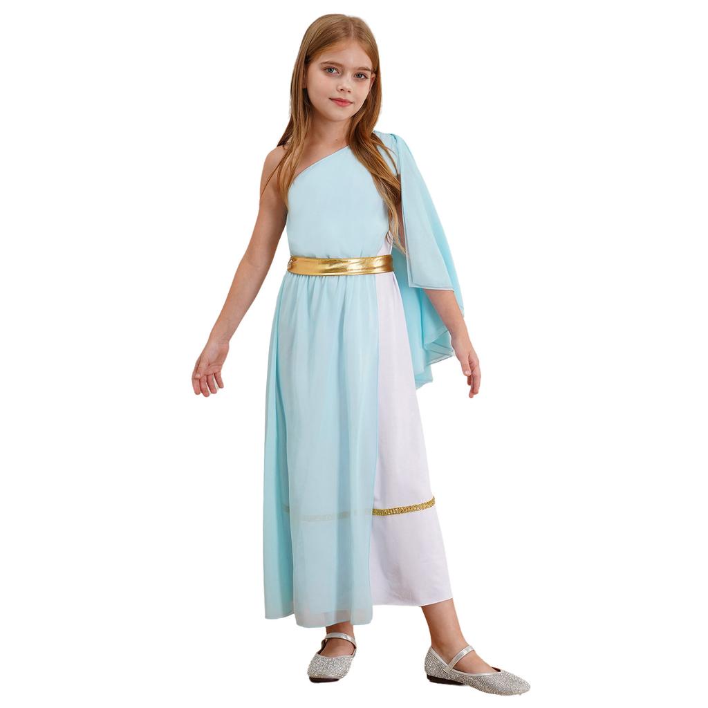 Детский костюм тоги для Хэллоуина для девочек, Древняя Греция, Египет, платье с открытым плечом, тюлевая шаль, летящее платье, платья для хора, для выступлений