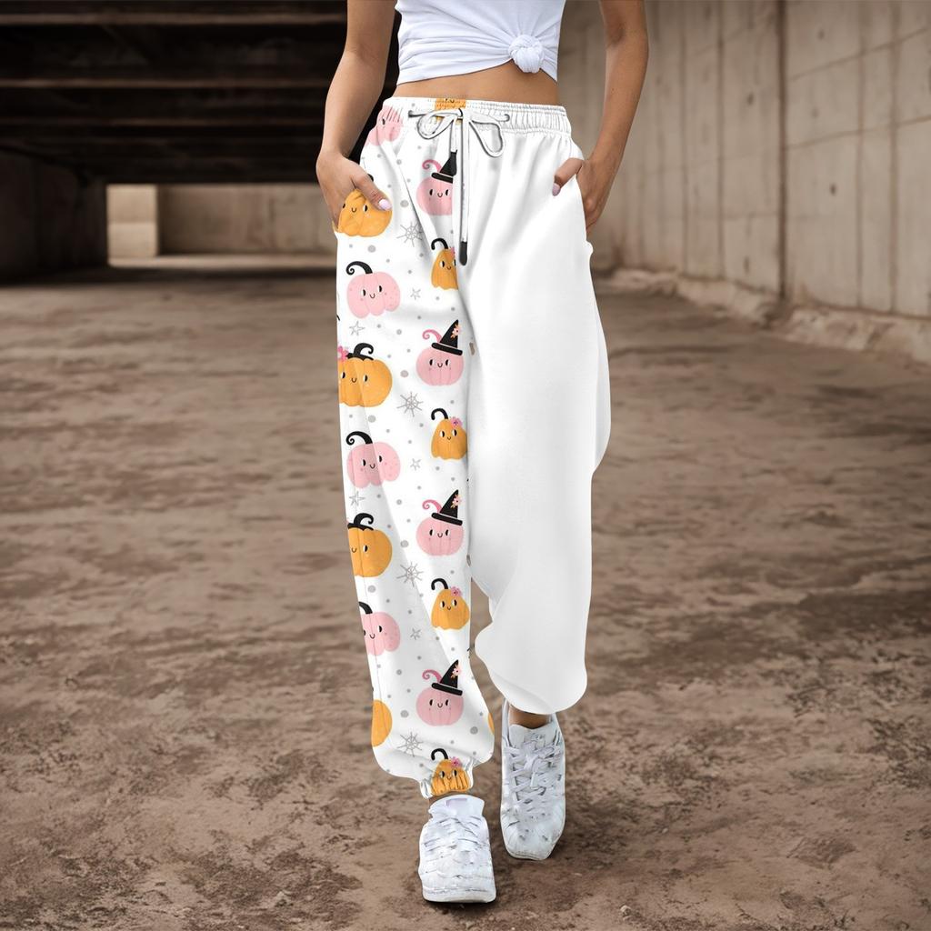 Женские повседневные брюки с принтом на Хэллоуин, эластичные брюки с завязками на талии