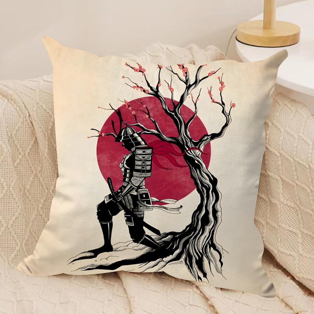 Japanese Style Ink Samurai Cushion Cover Silky Short Plush Invisible Zipper Dustproof Sofa Pillow Case for Home Decor