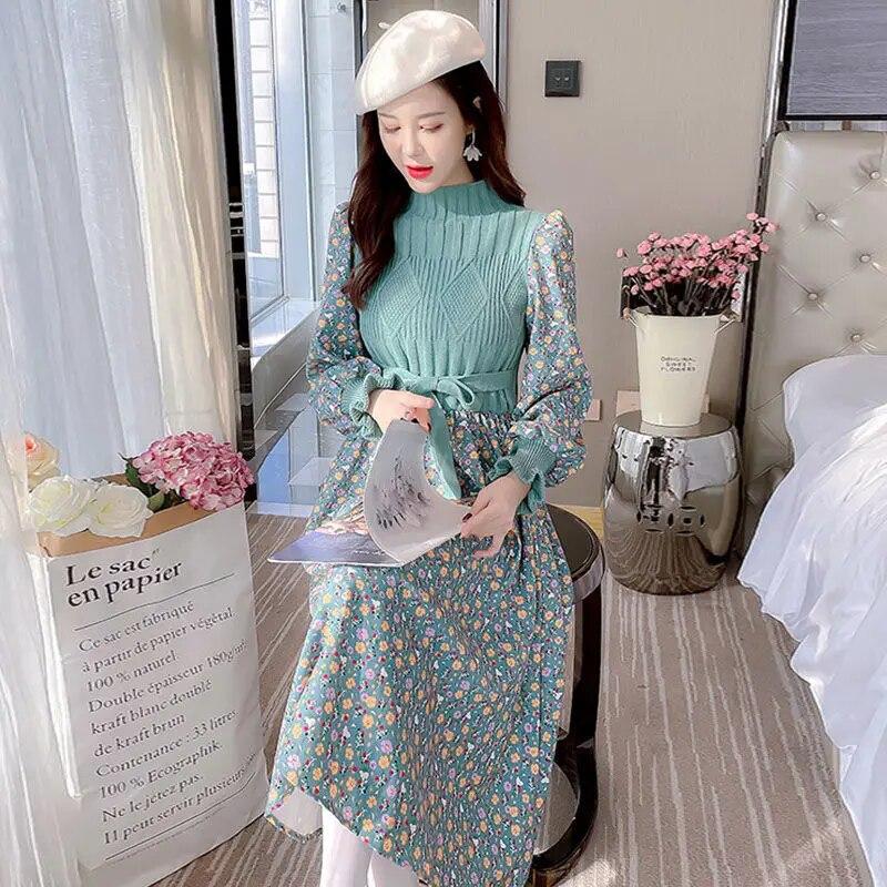 Women's Knitted Dress Autumn Winter Long Sleeve Corduroy Floral Dress Female Elegant Sweater A-line Long Veatidos Belt