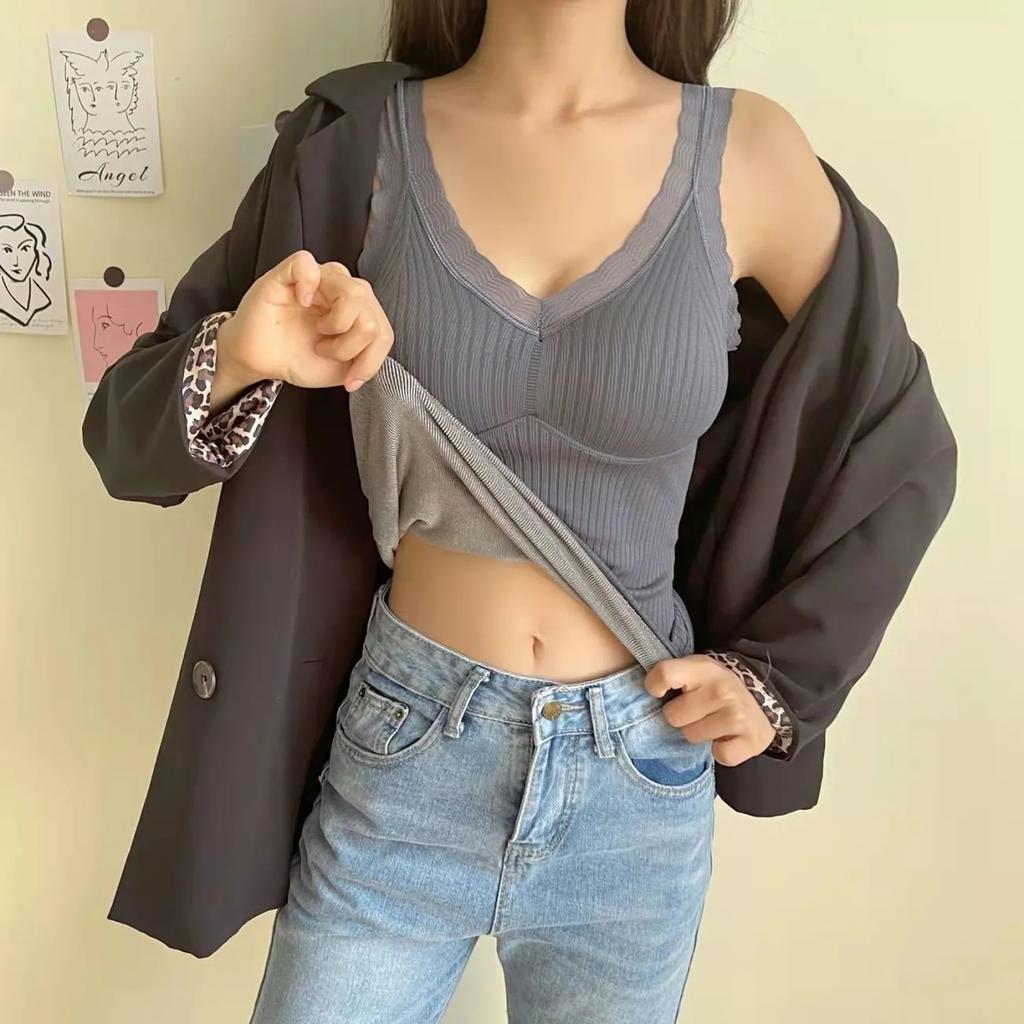 Сексуальная зимняя одежда, терможилет с подкладкой, женское бархатное теплое термобелье, тонкая бесшовная кружевная майка без рукавов с v-образным вырезом