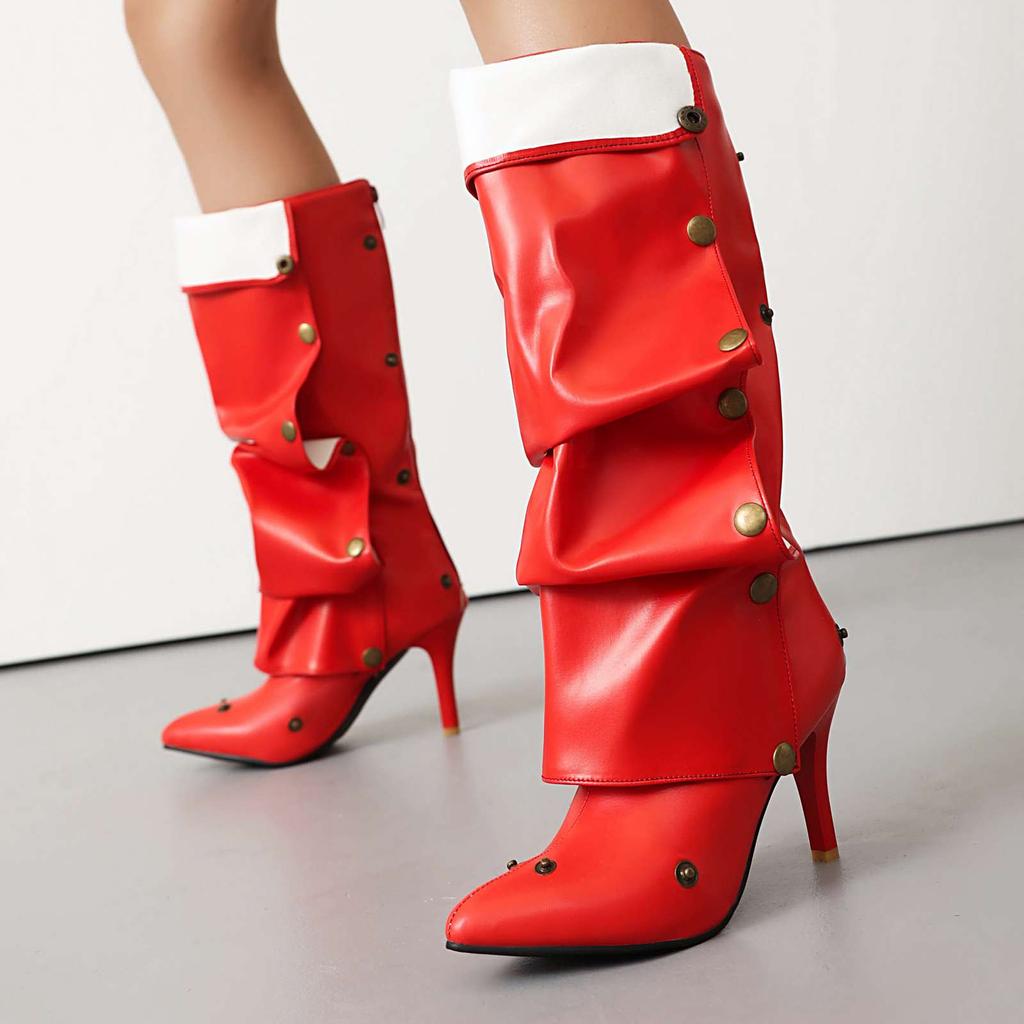 Lenkisen PU Осенне-зимние туфли с острым носком на шпильках Тонкие высокие каблуки Металлические заклепки Сохраняют тепло Модные сапоги до колена