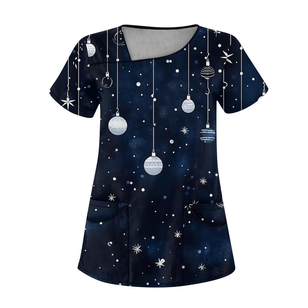 Женская рабочая одежда с рождественским принтом, покатый воротник и двухслойные карманы, базовый пуловер сверху