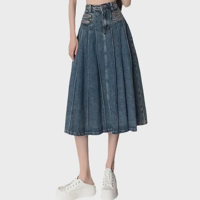 2023 Весна/Осень Ретро Плиссированная Женская Джинсовая Юбка А-силуэта С Завышенной Талией и Молнией
