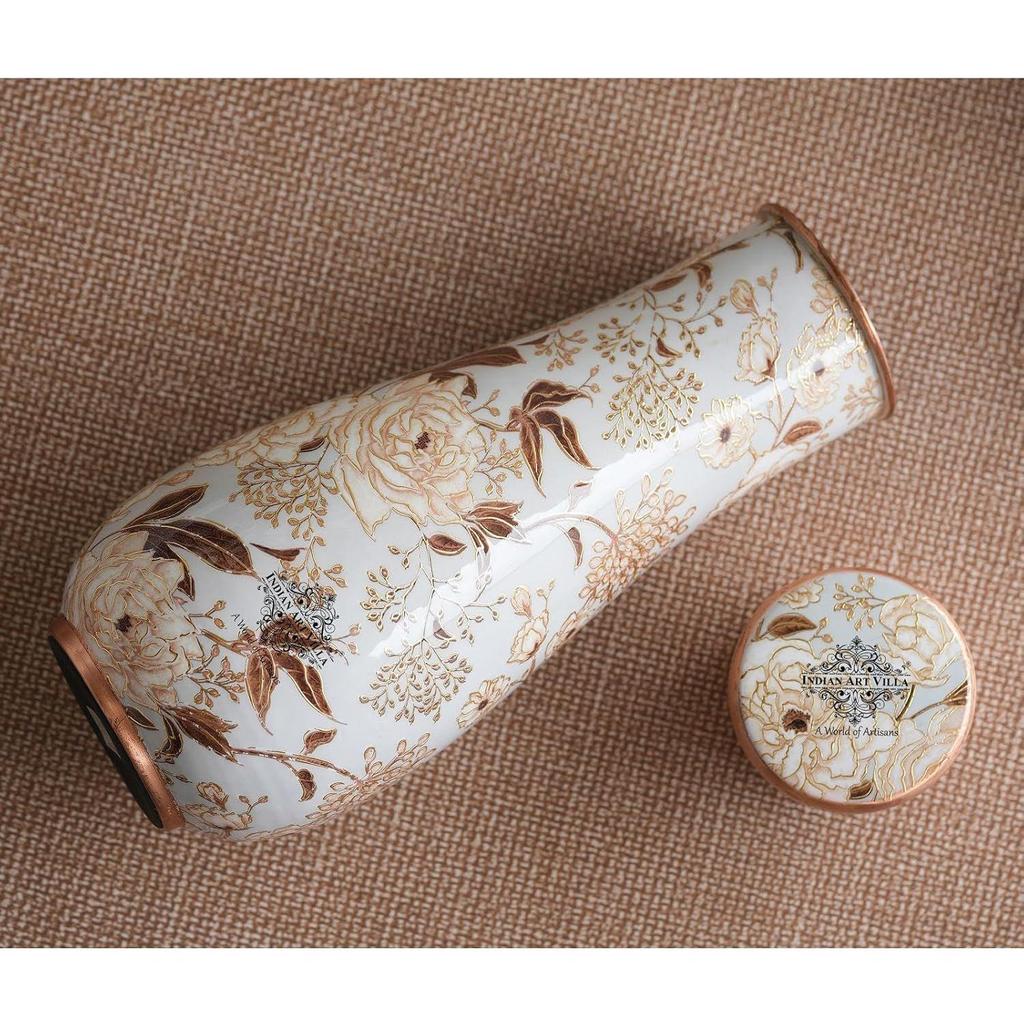 Gold Flower Print Bedroom Bottle – Designer Copper Drinkware, Elegant Copper Water Bottle for Everyday Use, Volume- 1500 ML
