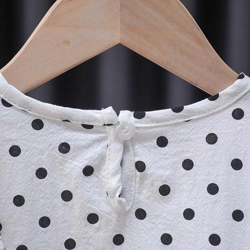 Костюм для девочек с рисунком в горошек, с короткими рукавами, с рукавами-фонариками, повседневные джинсовые шорты [в наличии]