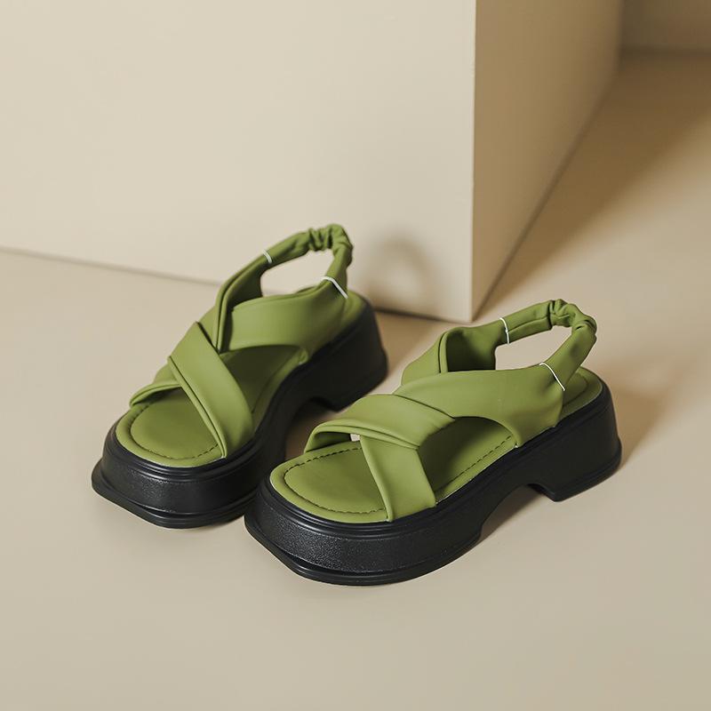 Платформенные сандалии женские летние белые зеленые римские туфли мягкая подошва универсальные с перекрестными ремешками туфли-маффины пляжная обувь