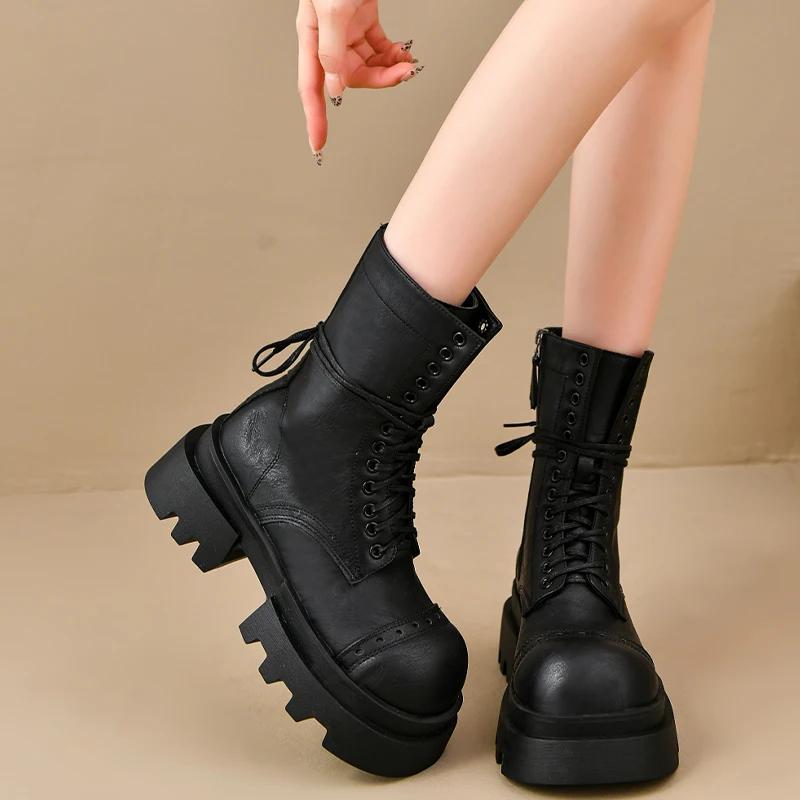 Женские мотоциклетные ботинки на платформе и до середины голени, дизайнерские зимние туфли на толстом каблуке, новые модные тенденции, женские ботинки для ходьбы