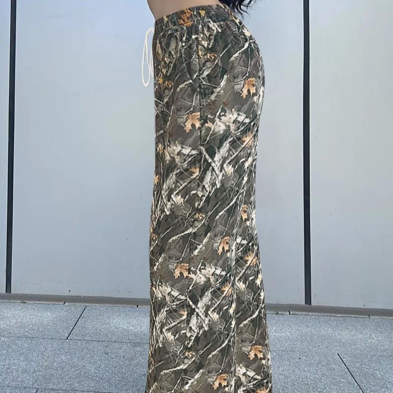 Women's New Spring Fashion Casual Drawstring Waist Camouflage Print Wide Leg Loose Loose Straight Trousers