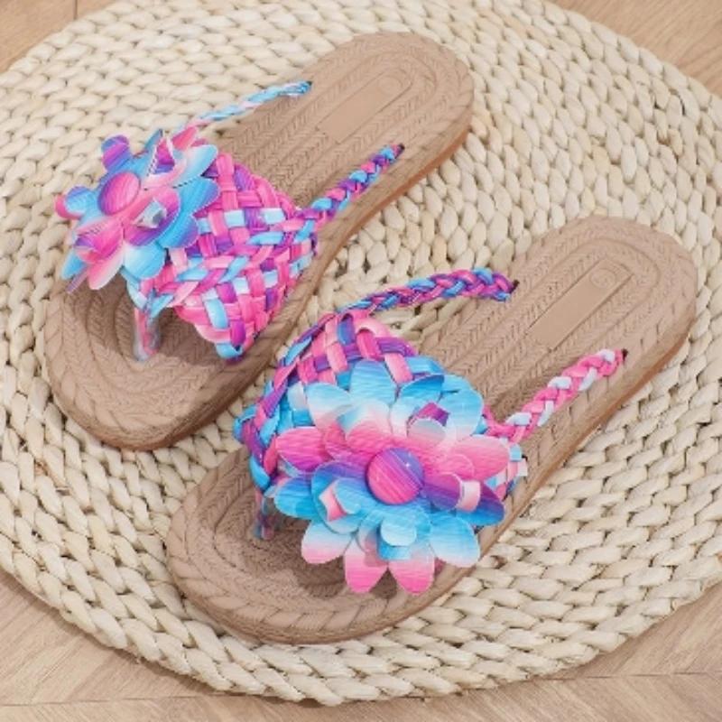 Мода 2024 года, высококачественная женская обувь, летние женские тапочки, разноцветные, с открытым носком, с косами, на низком каблуке, большие размеры, повседневные тапочки для женщин