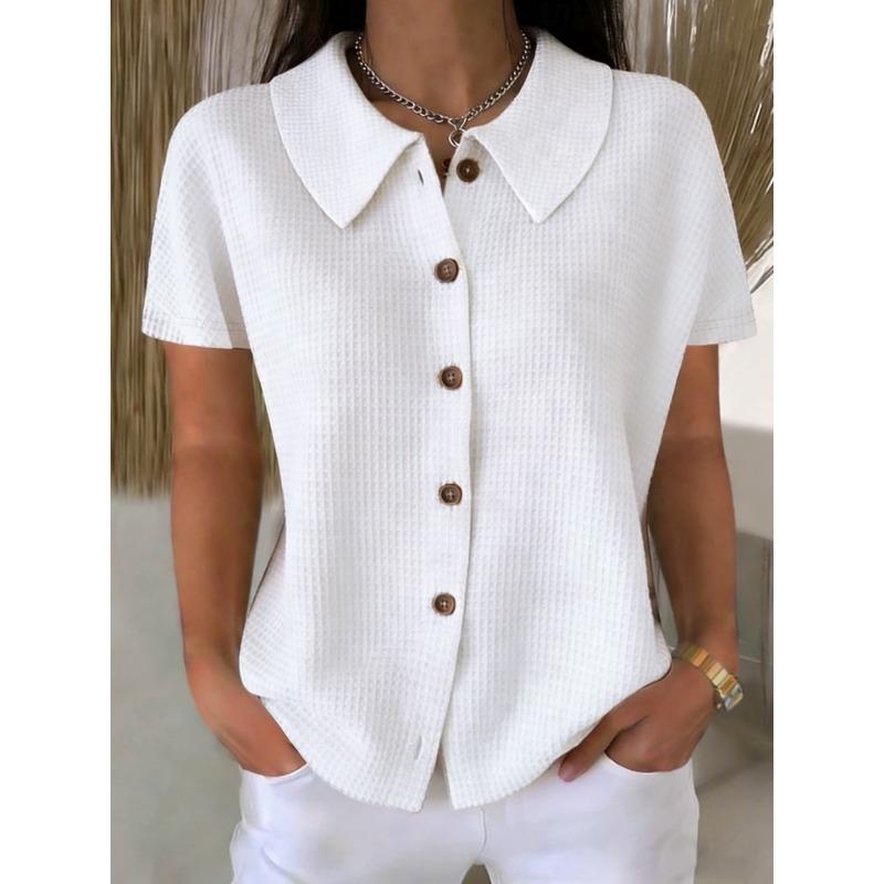 Womens Solid Waffle Lapel Casual Short Sleeve Button Shirt