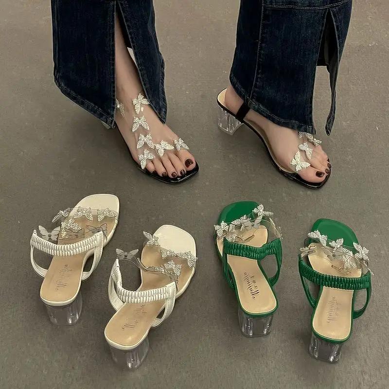 Модные квадратные каблуки, лето 2024, босоножки с открытым носком для женщин, зеленые женские туфли, черная обувь, шикарная и элегантная, оптовая продажа, лучшее