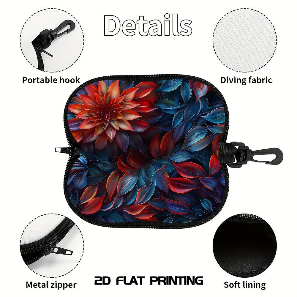 Floral Pattern Protective Sunglasses Case, Vintage Red And Blue Leaf Print Eyewear Pouch, Portable Zipper Glasses Organizer For Travel Daily Use