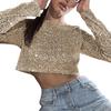 Женский укороченный топ с блестящими пайетками и круглым вырезом с длинными рукавами, мягкий пуловер с открытой талией, сценическое шоу, женский топ для клубных вечеринок