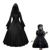 Black Vintage Belted Halloween Gothic Vintage Performance Dress Medieval Lace Horn Sleeve Dress